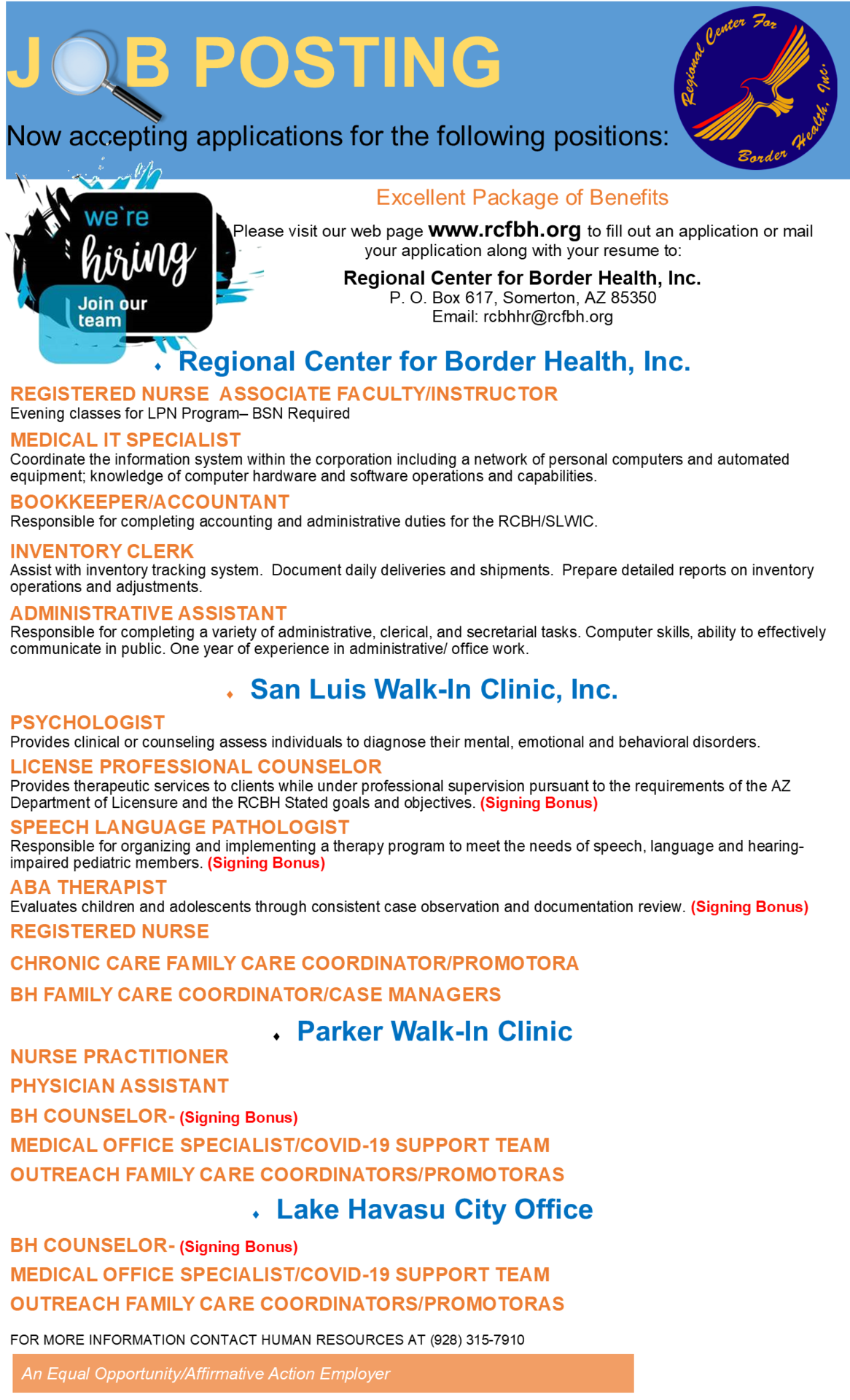 Job Openings 030223 San Luis WalkIn Clinic, Inc. Regional Center for Border Health, Inc.