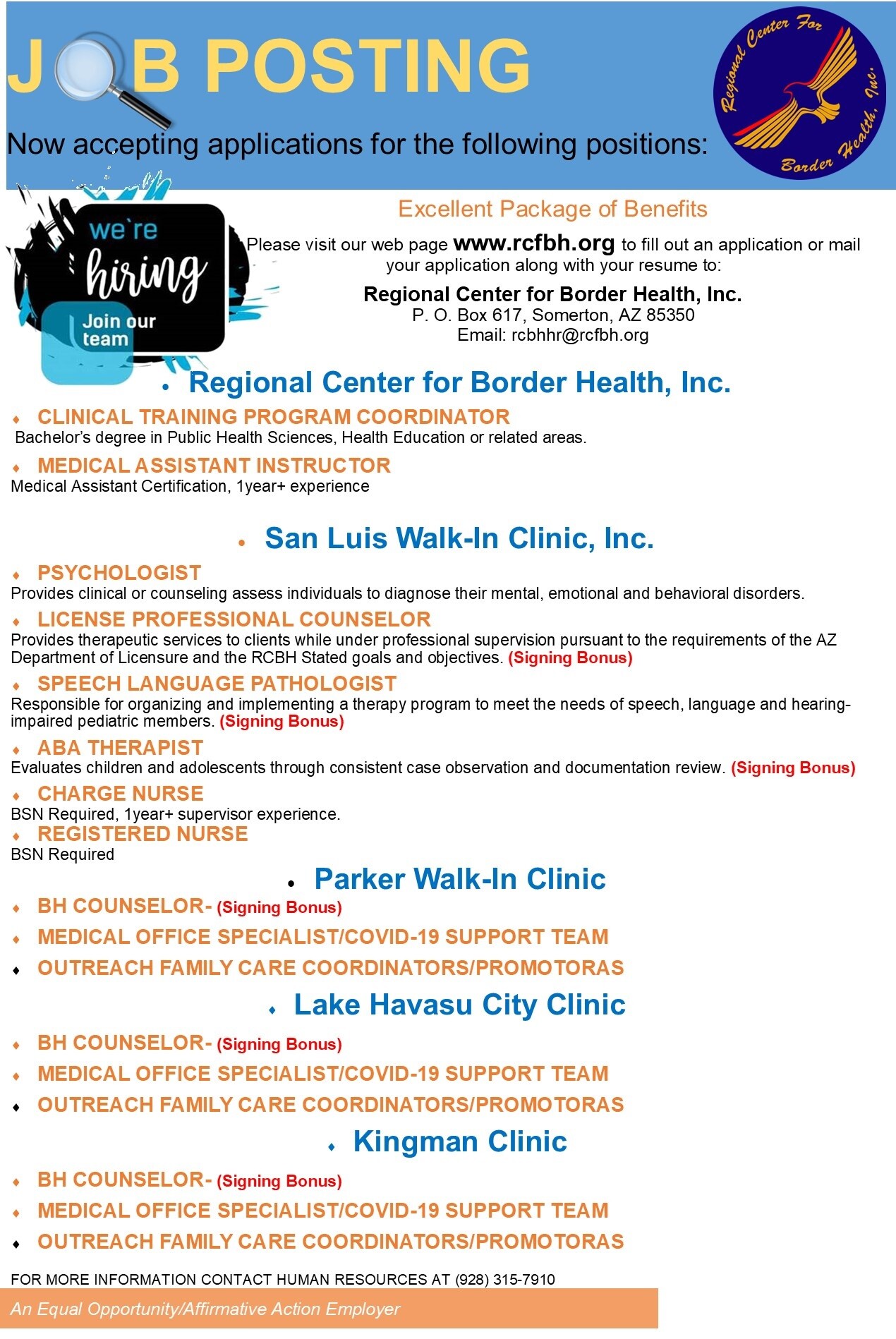 Job Openings 10.24.23 San Luis WalkIn Clinic, Inc. Regional Center for Border Health, Inc.